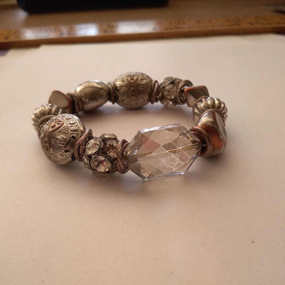 Silvertone brass and copper tone worn look large charm bracelet